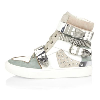 White leather buckle high top trainers